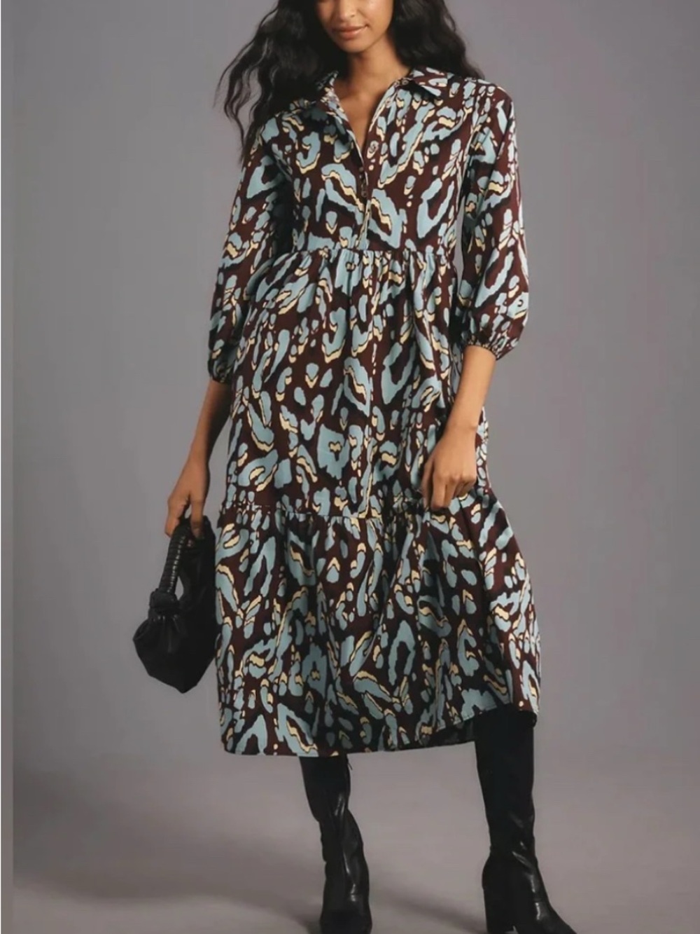 Anthropologie The Bettina Tiered Shirt Dress Brown & Blue Abstract Print Midi